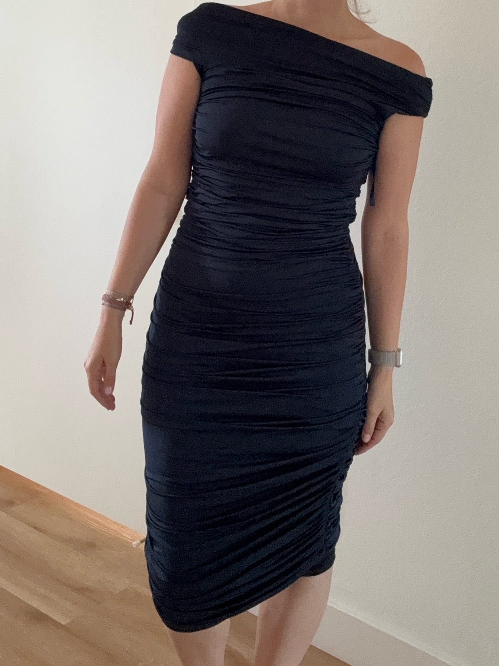 Tahari Navy One-Shoulder Ruched Bodycon Dress